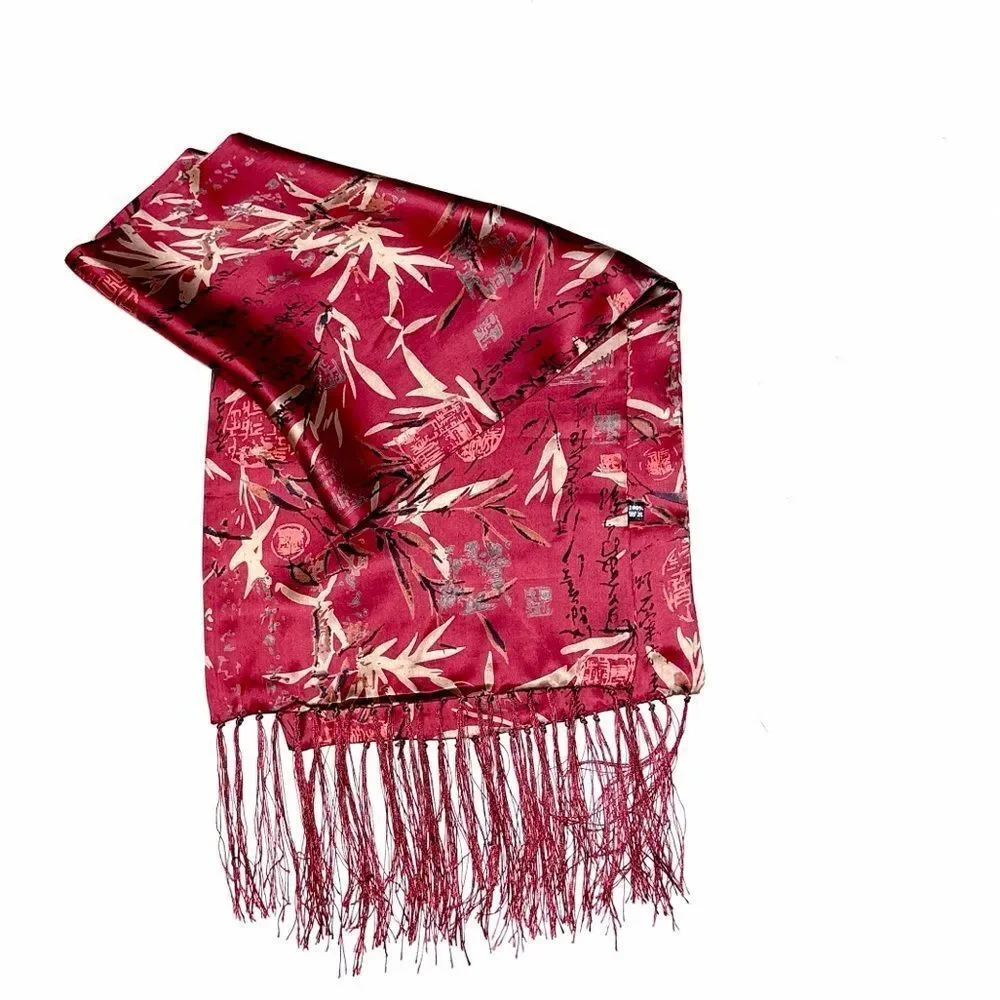 Men's Fuchsia Doubled Silk Scarf Hieroglyphs and Floral Bamboo Design Fringed
